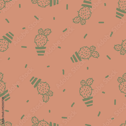 Cactus and succulent plants seamless pattern. Seamless pattern of cute cacti and succulents in pots. Simple cartoon vector style.