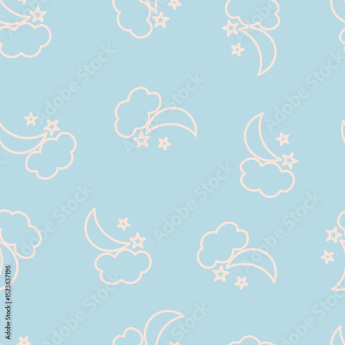 Repeated scattered pastel stars, cloud and moon. Cute seamless pattern sky theme for textiles, card, stationery, phone cases, paper gifts, wallpaper, background, wrapping, fabric.