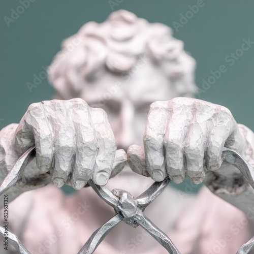 Close-Up of a White Statue Hands Gripping Metal Bars Against a Teal Background