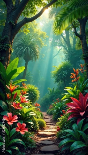 Lush tropical garden overflowing with vibrant foliage, exotic flowers, and diverse plant life under the dappled sunlight Perfect for travel, nature, and botanical themes , hibiscus, foliage