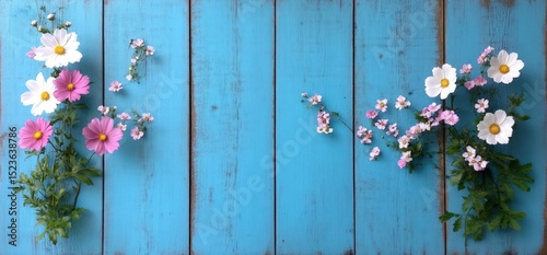 Floral arrangement on rustic blue wood fresh spring flower bloom decorative still life