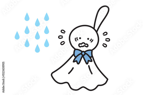 手描きのシンプルなてるてる坊主と雨粒