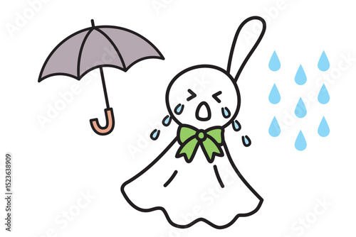手描きのシンプルなてるてる坊主と傘と雨粒