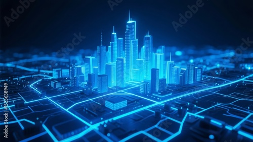 Futuristic Cityscape with Blue Neon Lights and Digital Circuitry