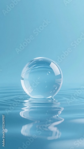 A transparent glass sphere resting on a calm water surface against a light blue background