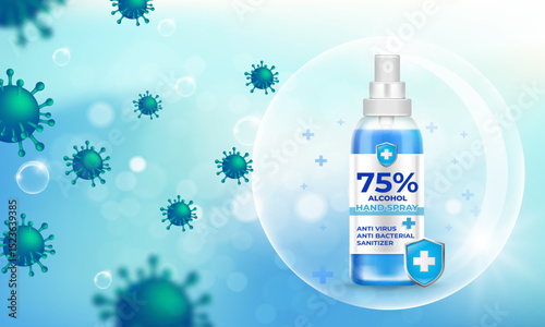 Hand sanitizer spray 75% alcohol, kill covid-19 viruses, bacteria and germs on a blurred light blue background. Pack in clear plastic bottles used to spray. Realistic vector illustration