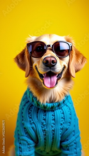 Cool Canine Portrait A Cheerful Golden Retriever with Stylish Shades and Cozy Knitwear