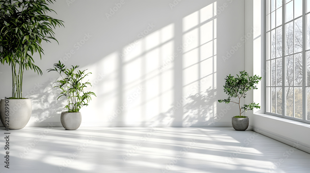 Fototapeta premium Plants in Bright Room Indoor Space Image Minimalist Environment Wide View Horizontal Pure White Background