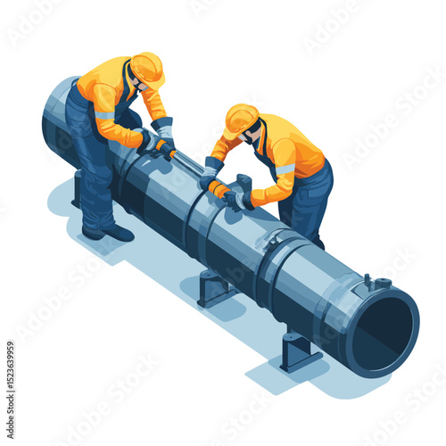 Technicians working on huge pipe Pipeline Weld career working isometric isolated illustration, vector style simple color