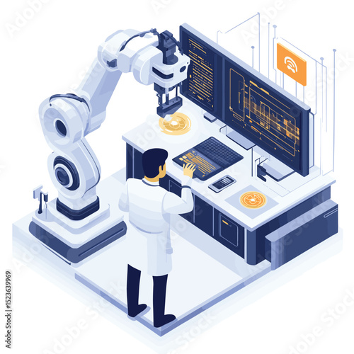 Experienced technician embracing AI assistance to learn and adapt to new industrial technologies for future innovation and growth isometric, vector style simple color
