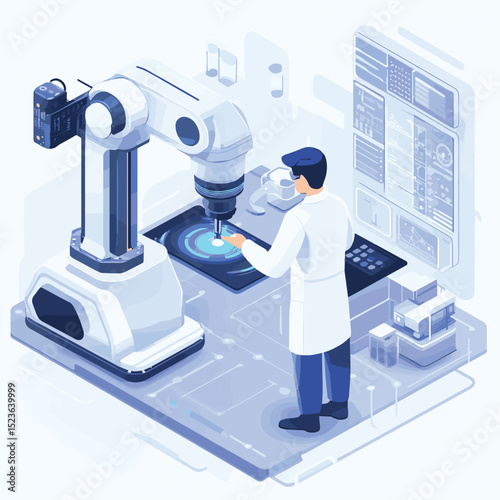 Experienced technician embracing AI assistance to learn and adapt to new industrial technologies for future innovation and growth isometric, vector style simple color