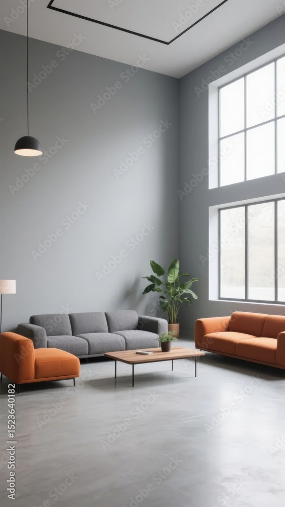 Fototapeta premium Modern Living Room with Gray Walls, Orange and Gray Sofas, and Large Windows