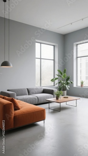 Modern Living Room with Gray and Orange Sofas and Large Windows