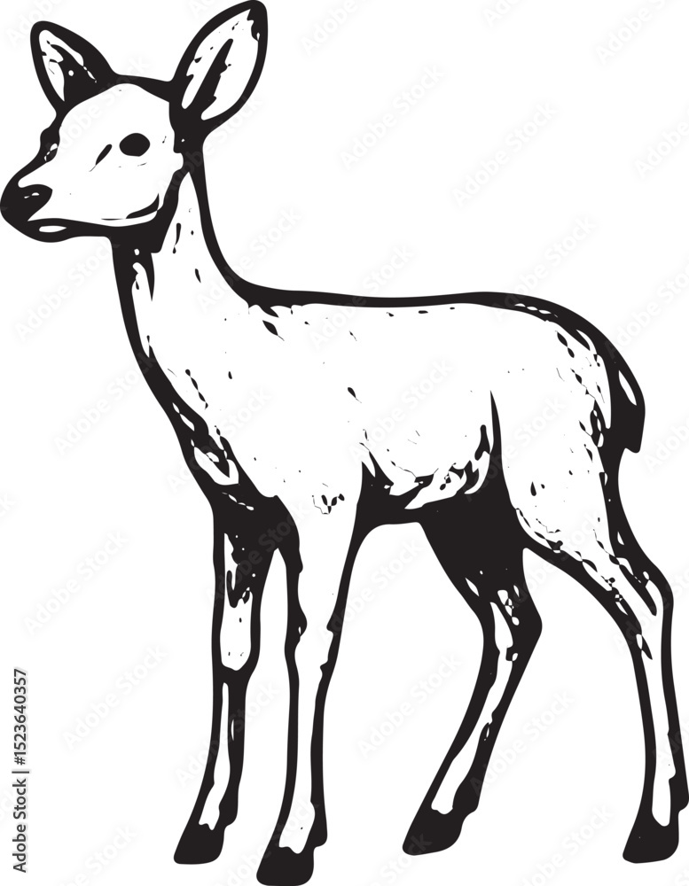 Fototapeta premium A delicate black-and-white line art illustration of a young deer standing gracefully, showcasing fine details. Ideal for wildlife-themed tattoos, children’s books, nursery decor, or nature-inspired de