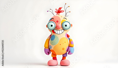 Abstract cartoon character with big eye and rounded body smiles in colourful digital whimsical vector design