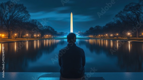 A person sits by the reflecting pool at night, gazing at the washington monument.
