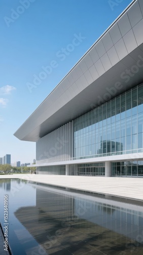 Modern Architectural Building with Reflective Water Pool