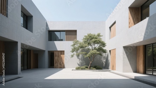 Modern Courtyard with Minimalist Architecture and Central Tree