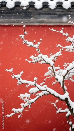 Snow-covered branches against a vibrant red wall under a traditional tiled roof