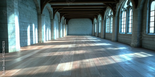 Grand hall interior with arched windows and wooden floor architectural design