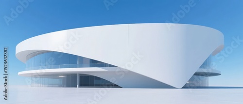 Modern Curved White Building with Glass Facade Against Clear Blue Sky