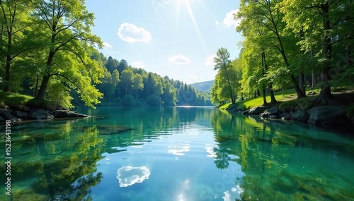 Idyllic sunny day at a serene lake, sparkling water reflecting the bright sky and lush green trees Perfect for summer, travel, and nature themes , woods, vibrant