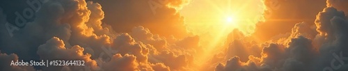 A majestic, ethereal landscape bathed in golden light; swirling clouds and celestial rays suggest a divine presence Perfect for concepts of creation, divinity, and the afterlife , wonder, light