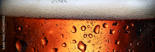 Close-Up of Refreshing Amber Beer with Bubbles and Water Drops