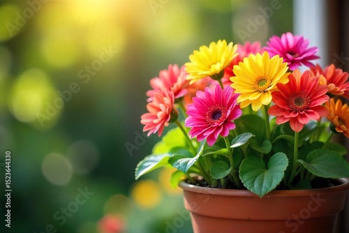 A cheerful spring scene featuring vibrant colorful flowers blossoming in a terracotta flower pot, ready to brighten any home or garden Sunlight streams onto the lush blooms , spring, orange, life