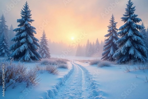 A captivating winter scene featuring a mesmerizing gaze into the frosted landscape The cold air hangs heavy, and the distant trees are shrouded in a mystical fog , frozen, magical