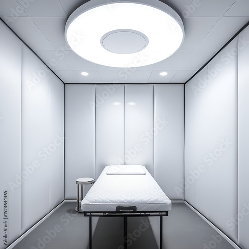 White padded seclusion room with LED lights overhead in an asylum