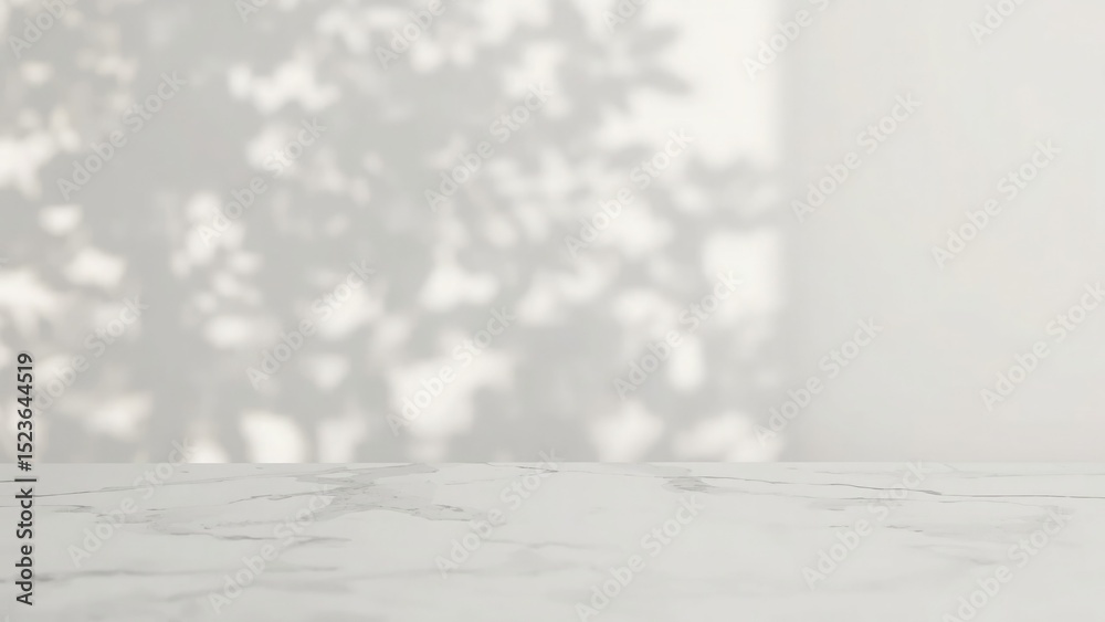 Fototapeta premium White marble tabletop with blurred sunlight and leaf shadows background