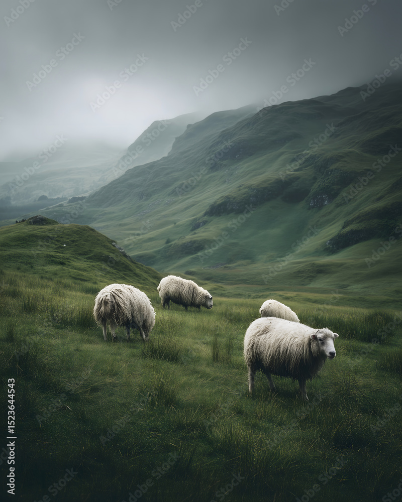 Fototapeta premium Misty Mountain Pasture Sheep Grazing on Rolling Hills