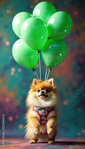 Adorable Pomeranian Puppy Floating with Green Balloons Against a Floral Backdrop