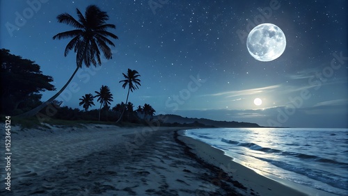 Tranquil night beach scene under a full moon and starry sky featuring palm trees and gentle waves