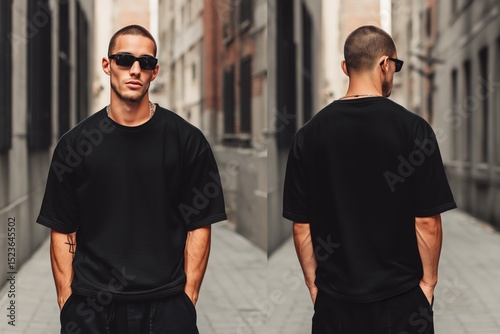 A stylish young man wearing a black oversized t-shirt mockup and sunglasses, standing confidently in an urban alley. The photo captures both front and back views, showcasing modern street fashion.