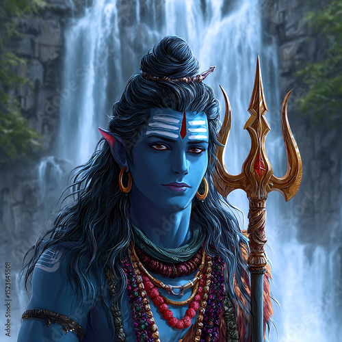 Mystical Blue God Portrait With Waterfall Background