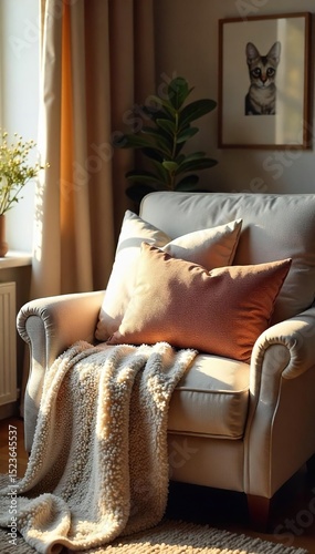 Cozy living room with plush throw pillows and soft blankets draped over a comfortable armchair, creating a relaxing and inviting atmosphere Warm lighting enhances the textures , fluffy, decoration