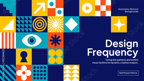 Modern Symbolic Vector Pattern – Blue and Yellow Seamless Background with Icons for Innovation, Events, and Presentations