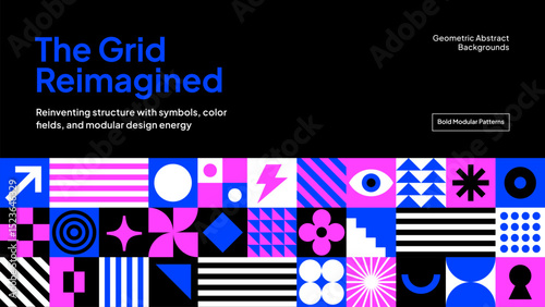 Futuristic Graphic Grid – High-Contrast Neon Pattern with Tech Symbols for Digital Covers and UX Projects