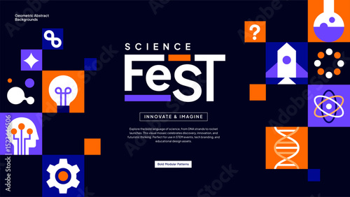 Tech Conference Pattern–Blue Modular Background with Innovation and Rocket Symbols for Presentations and Branding