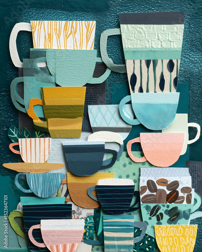 Whimsical Coffee Cup Collage A Delightful Assembly of Coffee Beans and Mugs