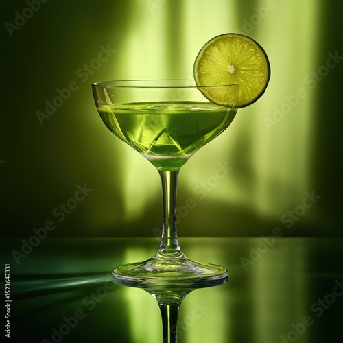 Vibrant green cocktail with lime garnish