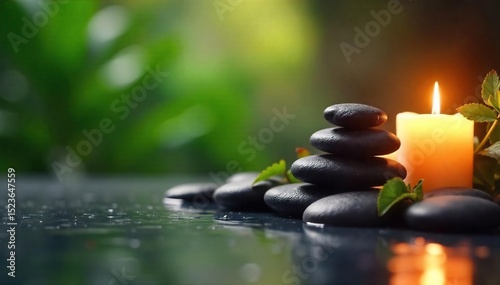 Relaxing candlelit spa scene with essential oils, smooth stones, and lush greenery Perfect for wellness, aromatherapy, and self-care themes Enjoy the tranquil atmosphere , holistic, aromatherapy