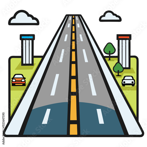 Long highway road leading to the horizon with cars and buildings