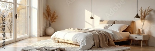 Serene bedroom with minimalist decor, featuring a plush rug, soft textiles, and calming neutral tones Perfect for relaxation and peaceful sleep , textiles, home, stylish