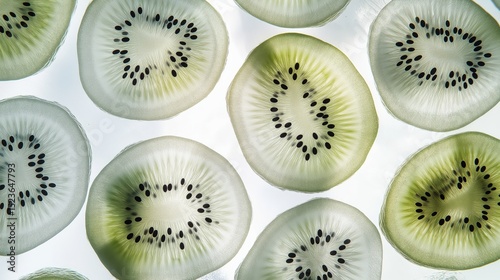 Sliced kiwi fruit arranged on a surface