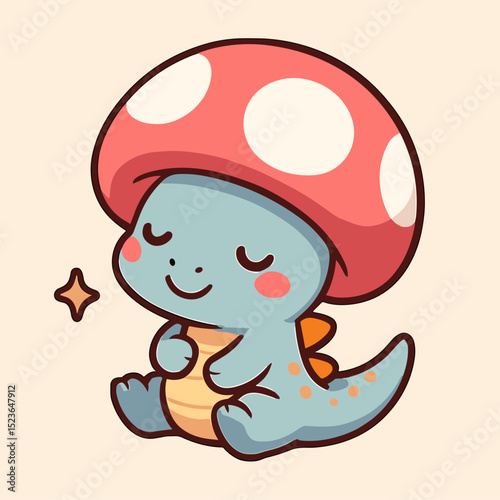 Dino with mushroom hat is sleeping peacefully