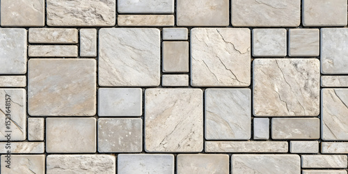 Wallpaper Mural Neutral beige stone tiles in varied rectangular sizes showing natural veining, weathering, and subtle color variations throughout the pattern. Torontodigital.ca