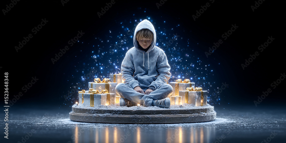 Fototapeta premium Person Meditating Among Christmas Gifts Surrounded by Sparkling Snow in a Dark Studio Setting with a Gray Hoodie and Festive Decorations